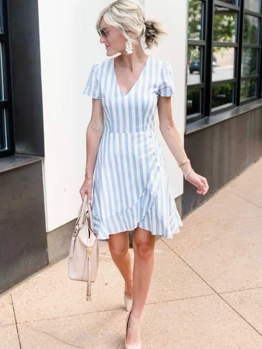 J. Crew Light Blue & White Striped V-Neck Wrap Mini Dress